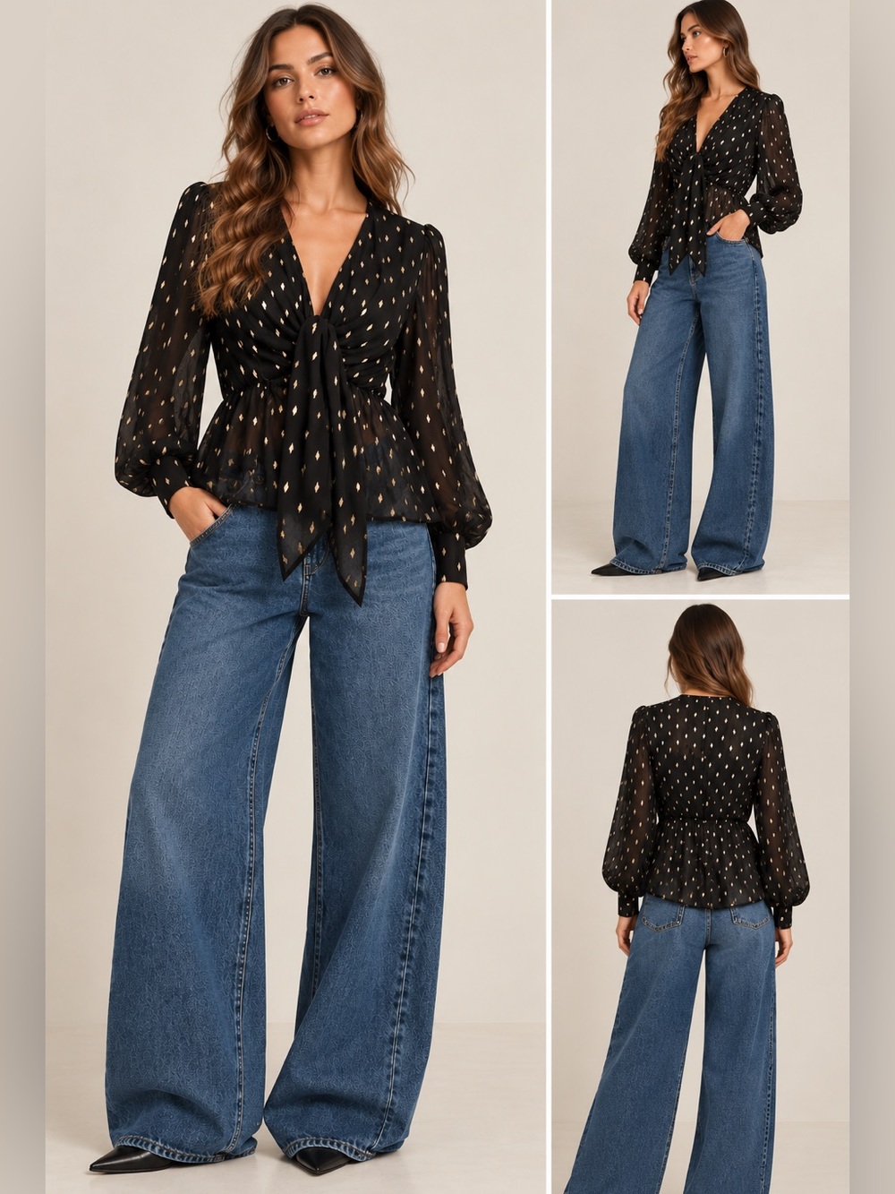 Commense Black Tie-Front Blouse with Gold Dot Print